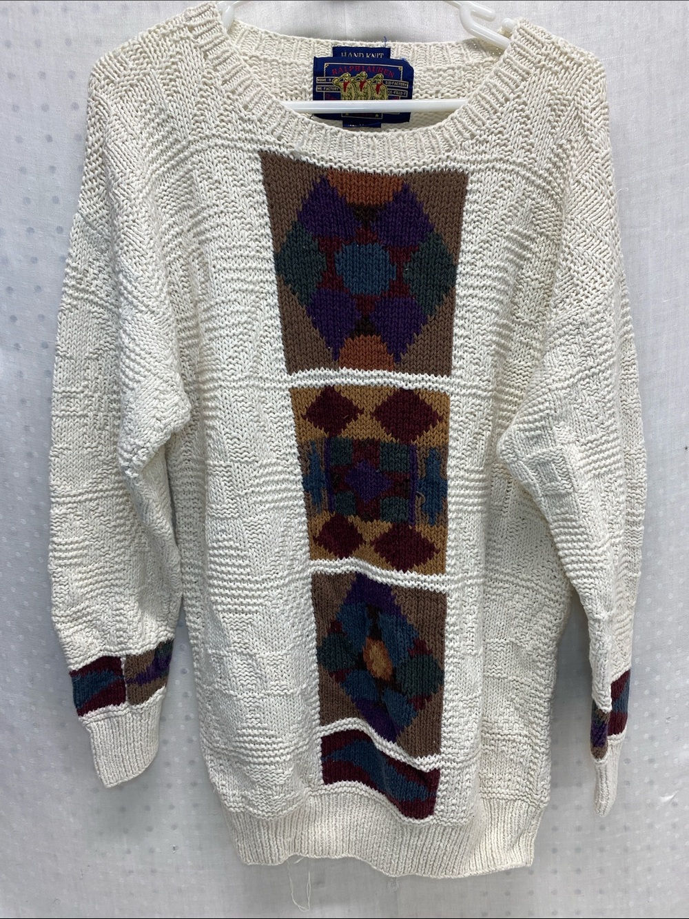 Vtg‎ Chaps Ralph Lauren Aztec Geometric Sweater Linen Cotton Hand Knit FLAWED